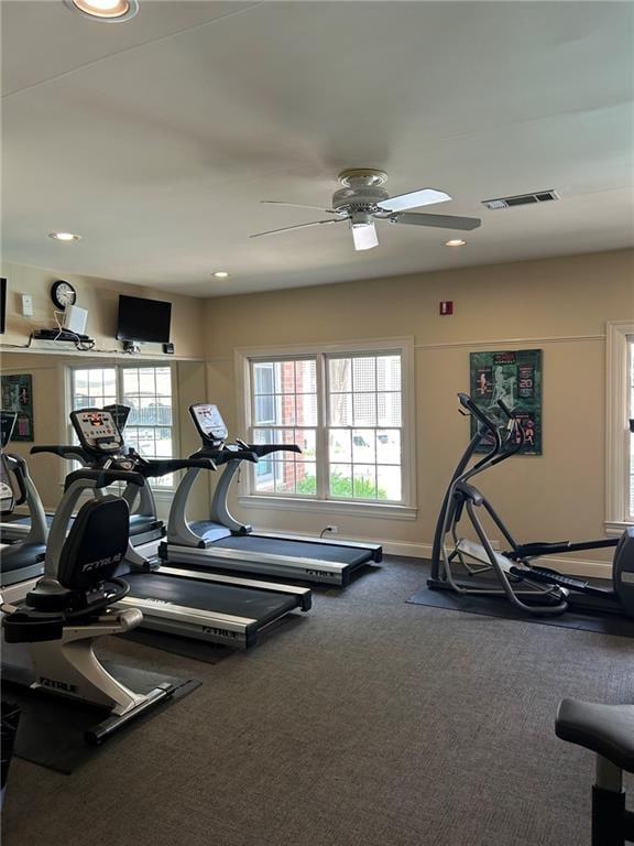 gym featuring carpet and ceiling fan