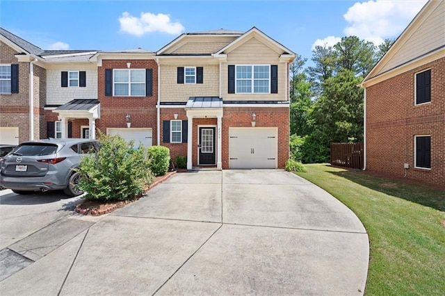 view of front of property featuring brick siding, driveway, a front lawn, a garage, and a standing seam roof
