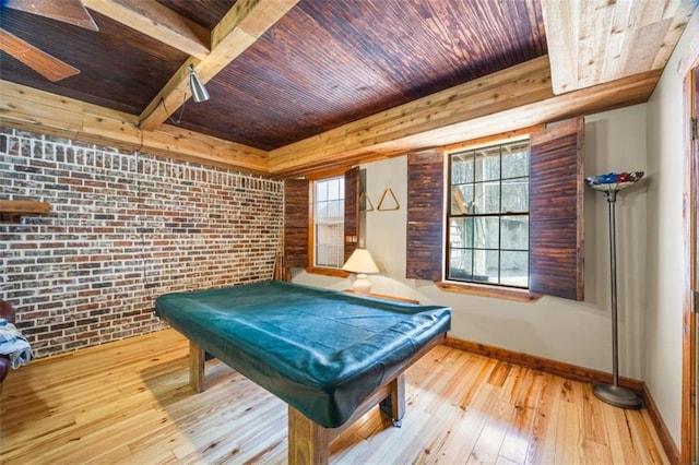 playroom featuring wood ceiling, a wealth of natural light, brick wall, pool table, and light wood-type flooring