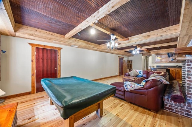 game room with beamed ceiling, wood ceiling, and light hardwood / wood-style floors