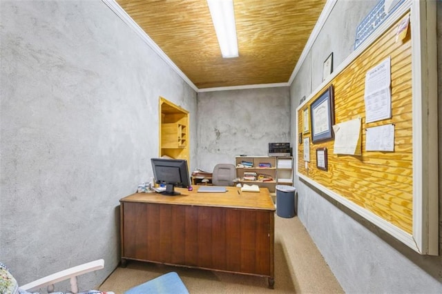 office space with ornamental molding and wooden ceiling