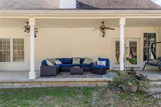 view of patio featuring an outdoor hangout area and ceiling fan