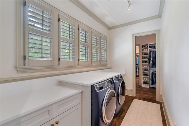 175 Centennial Trce, Roswell, GA 30076 - washroom featuring washer and dryer, plenty of natural light, dark wood finished floors, and rail lighting