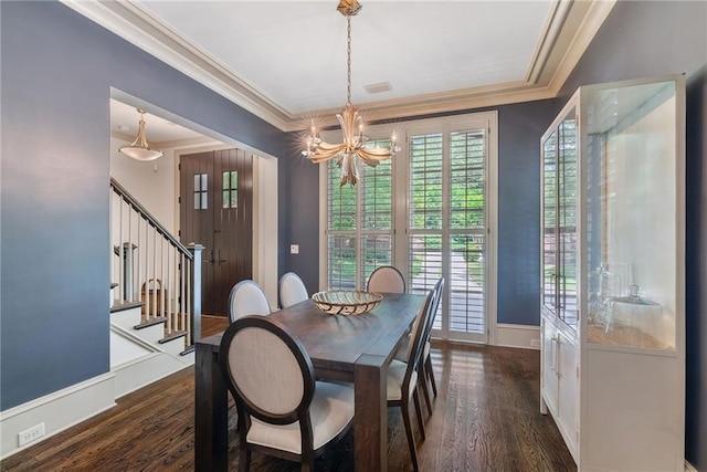 175 Centennial Trce, Roswell, GA 30076 - dining area featuring a chandelier, crown molding, stairway, and dark wood-type flooring