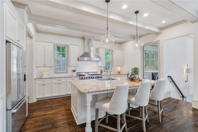 175 Centennial Trce, Roswell, GA 30076 - kitchen featuring high quality fridge, wall chimney exhaust hood, beam ceiling, dark wood-type flooring, and white cabinets