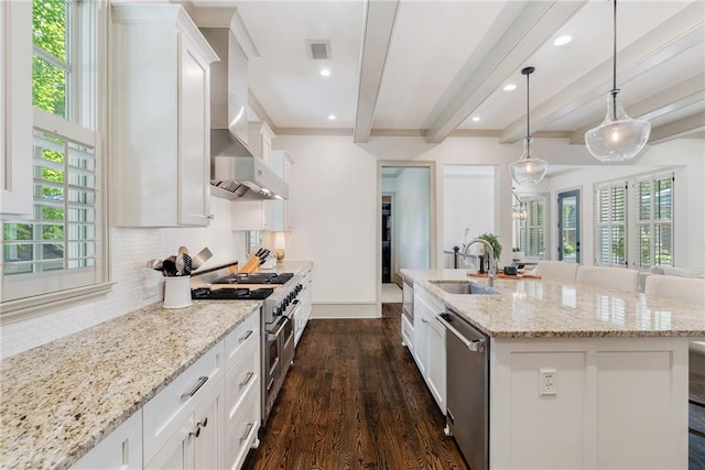 175 Centennial Trce, Roswell, GA 30076 - kitchen with appliances with stainless steel finishes, wall chimney range hood, dark wood-style floors, decorative backsplash, and beamed ceiling