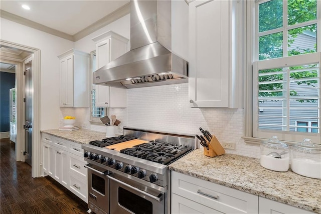 175 Centennial Trce, Roswell, GA 30076 - kitchen with wall chimney exhaust hood, range with two ovens, crown molding, white cabinets, and dark wood finished floors