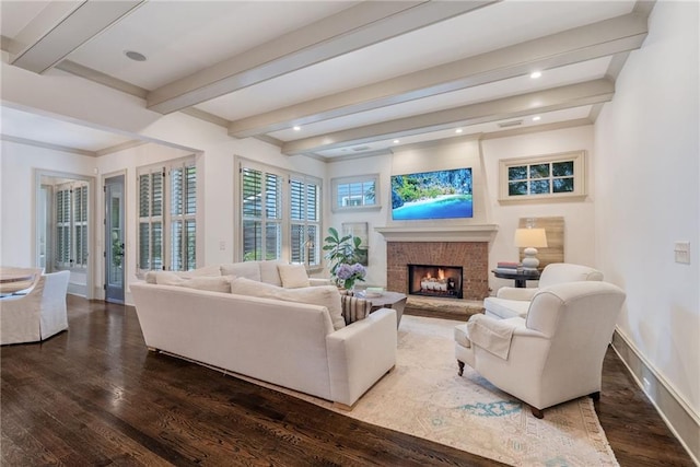 175 Centennial Trce, Roswell, GA 30076 - living room with beam ceiling, dark wood finished floors, a lit fireplace, and recessed lighting