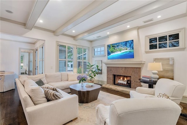175 Centennial Trce, Roswell, GA 30076 - living area featuring beamed ceiling, wood finished floors, a large fireplace, and recessed lighting