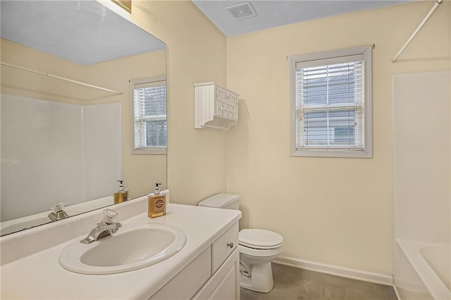 bathroom featuring shower / bath combination, visible vents, toilet, vanity, and baseboards