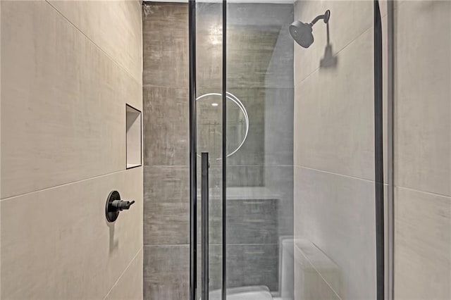 bathroom featuring a shower with shower door