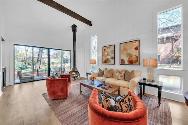 living room featuring hardwood / wood-style flooring, a wood stove, and a healthy amount of sunlight