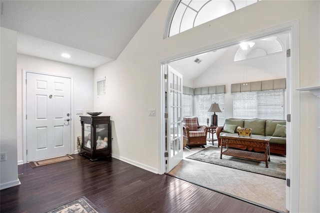 interior space featuring dark wood-type flooring and high vaulted ceiling