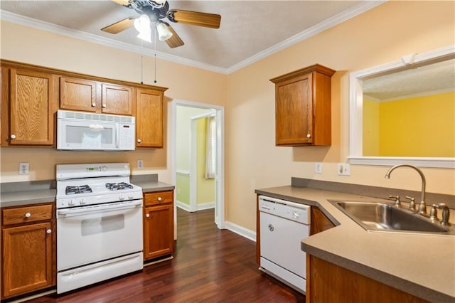 99 Rainwater Ln, Dallas, GA 30157 - kitchen featuring white appliances, a sink, dark wood-style flooring, a ceiling fan, and brown cabinetry