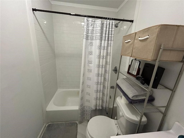 bathroom with toilet and shower / bathtub combination with curtain