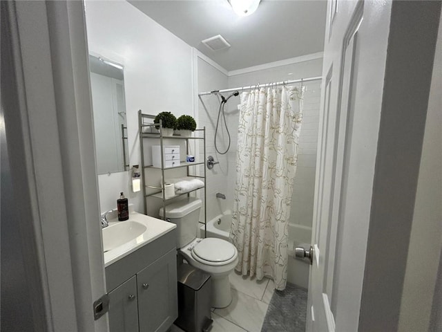 bathroom featuring toilet, visible vents, shower / bath combination with curtain, and vanity