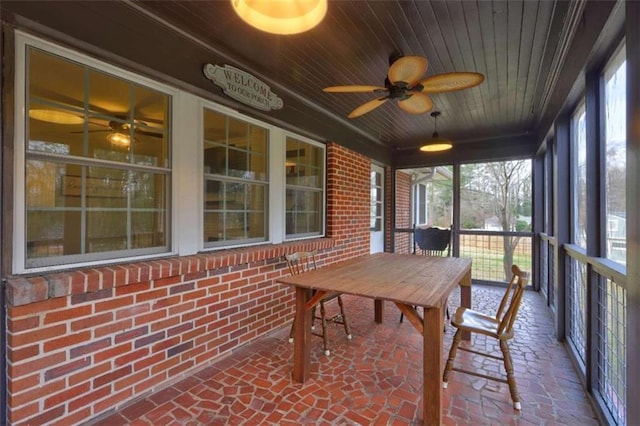 sunroom / solarium featuring wooden ceiling and ceiling fan