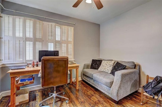 office area with ceiling fan and wood-type flooring