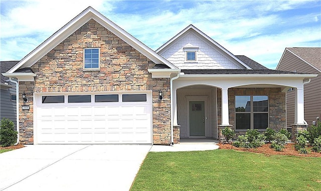 2808 Turnwater St, Hoschton, GA 30548 - craftsman inspired home with stone siding, concrete driveway, a front lawn, a porch, and a garage