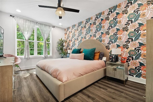 24 Becker Pl NW, Atlanta, GA 30307 - bedroom with baseboards, an accent wall, recessed lighting, wallpapered walls, and dark wood-style floors