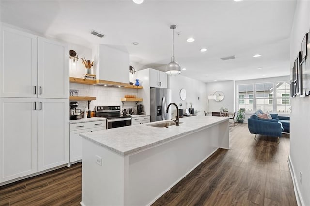 24 Becker Pl NW, Atlanta, GA 30307 - kitchen with appliances with stainless steel finishes, open shelves, a sink, decorative backsplash, and dark wood-style flooring