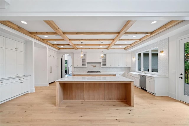 615 Claxton Ln, Milton, GA 30004 - kitchen with dishwasher, arched walkways, white cabinets, coffered ceiling, and glass insert cabinets