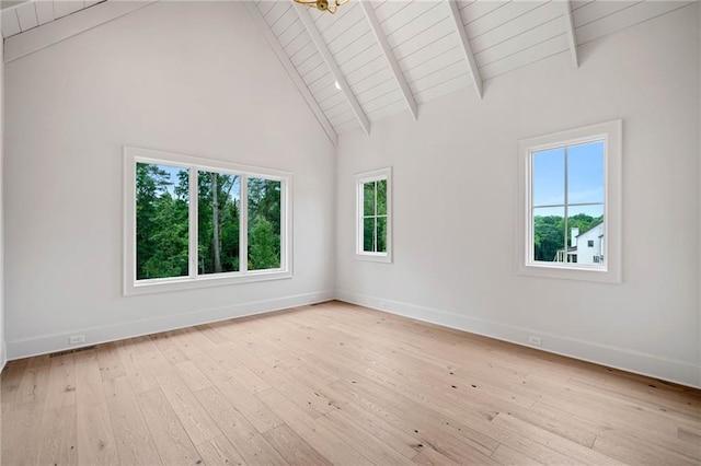 615 Claxton Ln, Milton, GA 30004 - unfurnished room featuring high vaulted ceiling, light wood-style flooring, baseboards, and wooden ceiling with exposed beams