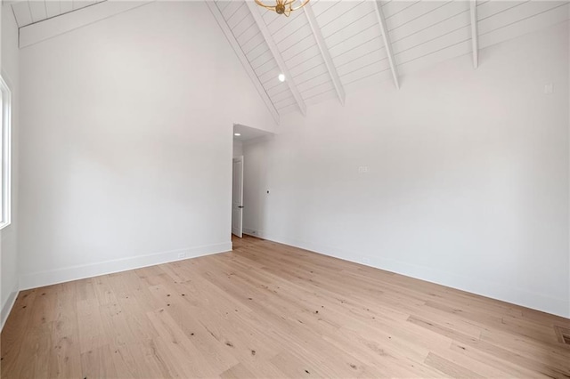 615 Claxton Ln, Milton, GA 30004 - spare room with light wood-type flooring, baseboards, high vaulted ceiling, and wood ceiling with exposed beams