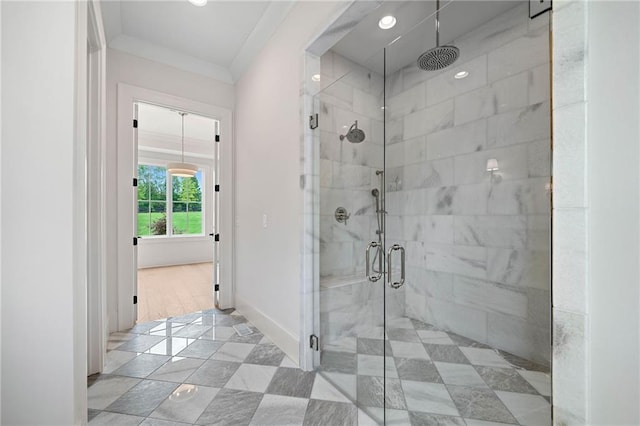615 Claxton Ln, Milton, GA 30004 - full bathroom featuring a shower stall, crown molding, tile patterned floors, baseboards, and recessed lighting