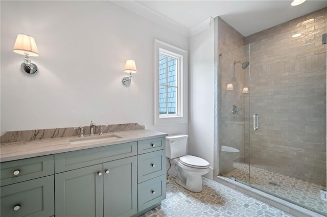 615 Claxton Ln, Milton, GA 30004 - full bathroom featuring toilet, a stall shower, vanity, and ornamental molding
