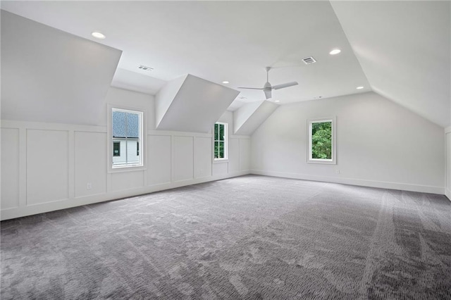 615 Claxton Ln, Milton, GA 30004 - bonus room featuring vaulted ceiling, recessed lighting, carpet flooring, a decorative wall, and a ceiling fan