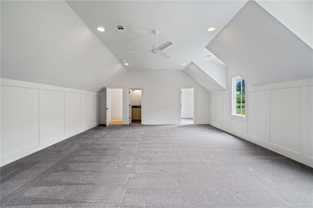 615 Claxton Ln, Milton, GA 30004 - additional living space with a decorative wall, carpet, a ceiling fan, recessed lighting, and lofted ceiling