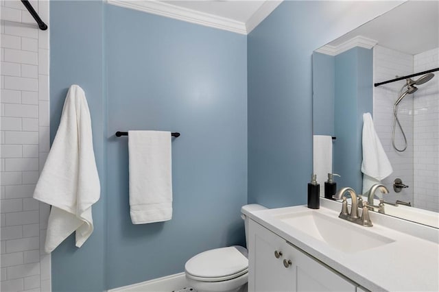 1055 Delmont Ter, Roswell, GA 30075 - bathroom with crown molding, a tile shower, toilet, and vanity