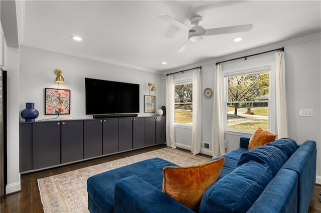 1055 Delmont Ter, Roswell, GA 30075 - living area featuring recessed lighting, crown molding, ceiling fan, dark wood-style floors, and baseboards