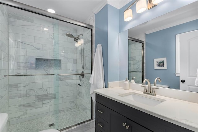 1055 Delmont Ter, Roswell, GA 30075 - full bathroom with ornamental molding, vanity, a stall shower, and toilet