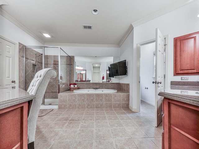 bathroom featuring crown molding, a stall shower, tile patterned floors, a bath, and vanity