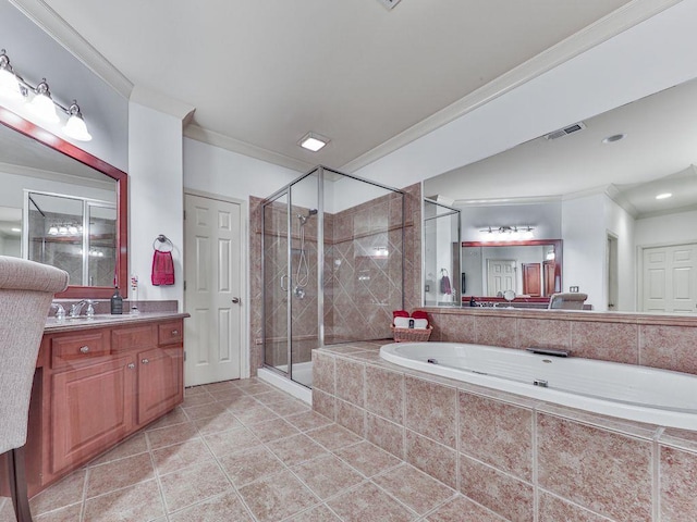 full bath with crown molding, a stall shower, a bath, tile patterned floors, and vanity