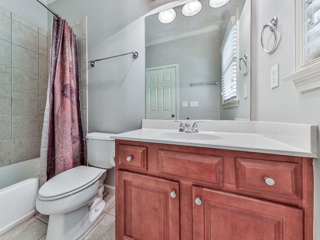 bathroom featuring tile patterned flooring, toilet, vanity, ornamental molding, and shower / bath combo with shower curtain