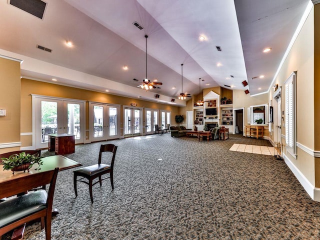 community lobby with recessed lighting and vaulted ceiling
