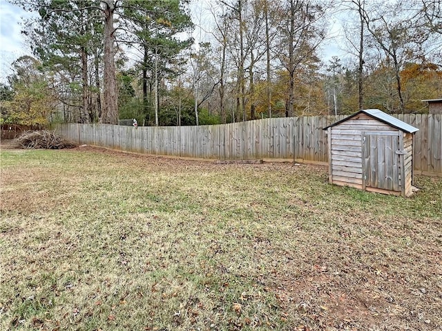 view of yard featuring a storage shed