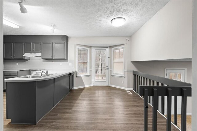 kitchen featuring gray cabinetry, sink, dark wood-type flooring, kitchen peninsula, and a textured ceiling