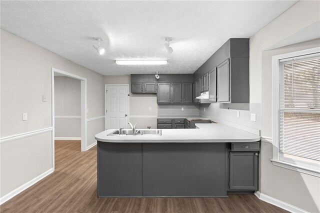 kitchen featuring gray cabinetry, a wealth of natural light, kitchen peninsula, and dark hardwood / wood-style floors