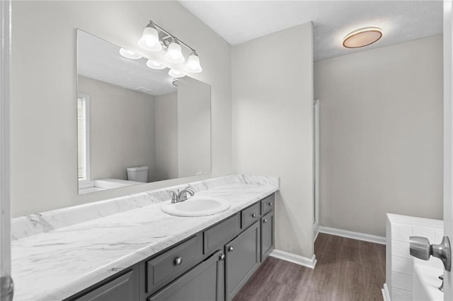 bathroom with wood-type flooring, vanity, and toilet