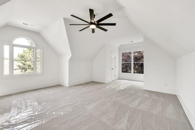 2335 Flat Stone Dr, Cumming, GA 30041 - bonus room featuring carpet, visible vents, vaulted ceiling, a ceiling fan, and baseboards