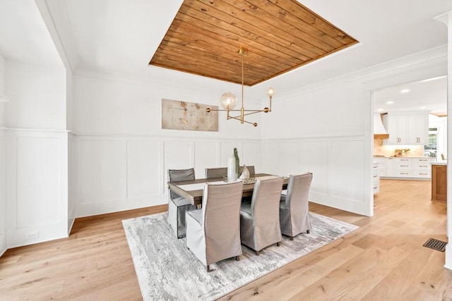 2335 Flat Stone Dr, Cumming, GA 30041 - dining room featuring an inviting chandelier, a decorative wall, a wainscoted wall, a raised ceiling, and light wood-style floors