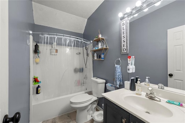 bathroom with toilet, shower / bath combination with curtain, and vanity