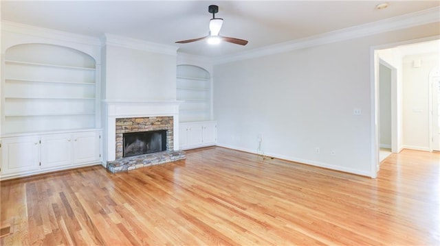 251 Waterford Cove Dr, Suwanee, GA 30024 - unfurnished living room with a ceiling fan, light wood finished floors, ornamental molding, and baseboards
