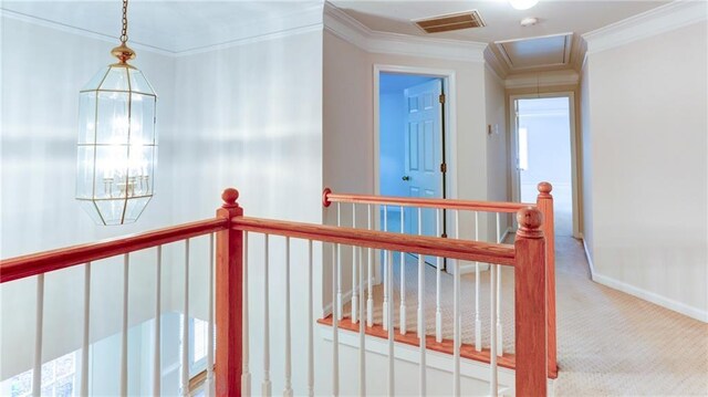 251 Waterford Cove Dr, Suwanee, GA 30024 - hall with an upstairs landing, carpet floors, ornamental molding, baseboards, and attic access