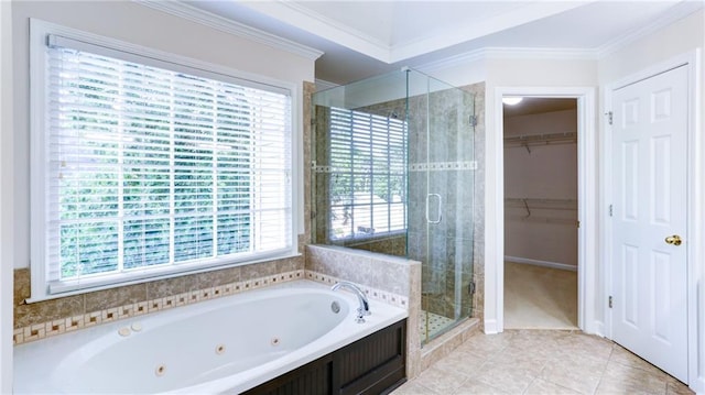251 Waterford Cove Dr, Suwanee, GA 30024 - bathroom with a whirlpool tub, a shower stall, healthy amount of natural light, ornamental molding, and tile patterned flooring