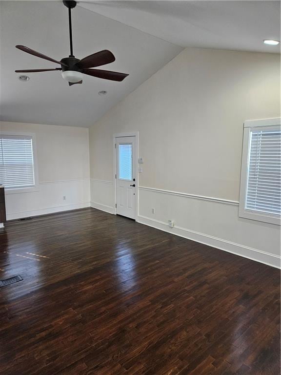 3268 Mae Ave, Brookhaven, GA 30319 - unfurnished room with baseboards, a ceiling fan, dark wood-style floors, and lofted ceiling